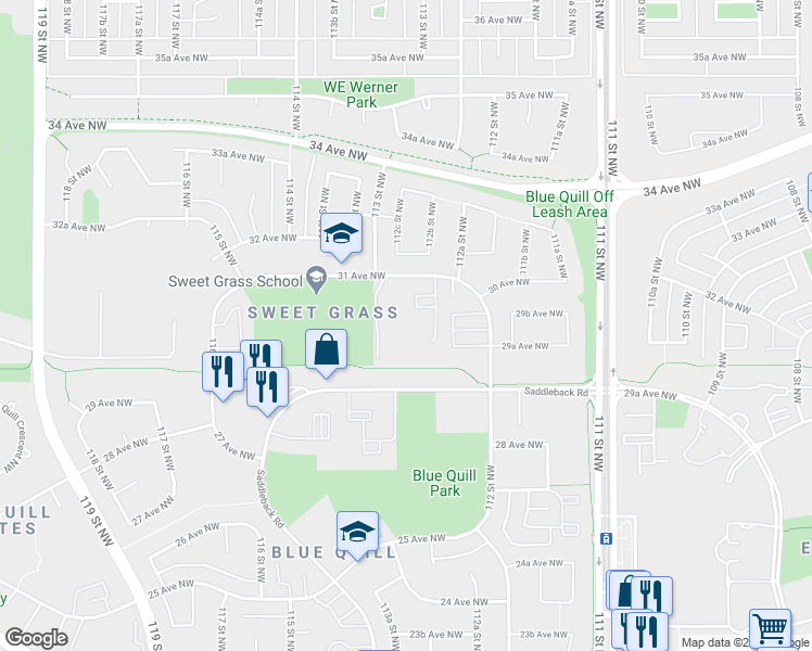 map of restaurants, bars, coffee shops, grocery stores, and more near 11245 31 Avenue Northwest in Edmonton