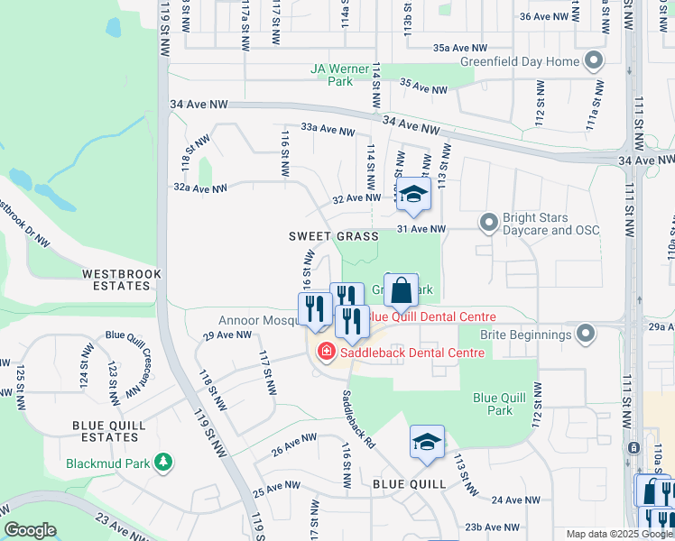 map of restaurants, bars, coffee shops, grocery stores, and more near 3033 116 Street Northwest in Edmonton