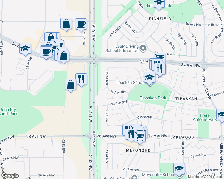 map of restaurants, bars, coffee shops, grocery stores, and more near 8820 31 Avenue Northwest in Edmonton