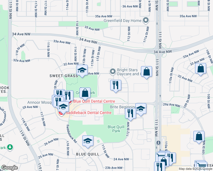 map of restaurants, bars, coffee shops, grocery stores, and more near 11245 31 Avenue Northwest in Edmonton