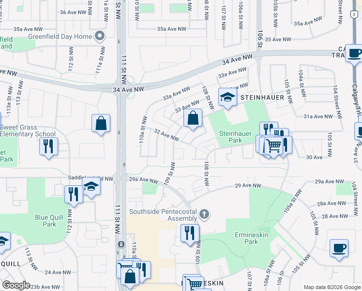map of restaurants, bars, coffee shops, grocery stores, and more near 3135 109 Street Northwest in Edmonton