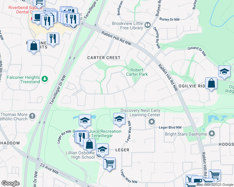 map of restaurants, bars, coffee shops, grocery stores, and more near 1160 Carter Crest Road Northwest in Edmonton