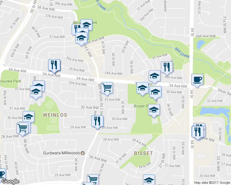 map of restaurants, bars, coffee shops, grocery stores, and more near 3314 42A Street Northwest in Edmonton