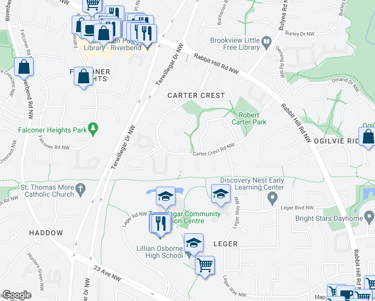 map of restaurants, bars, coffee shops, grocery stores, and more near 1160 Carter Crest Road Northwest in Edmonton