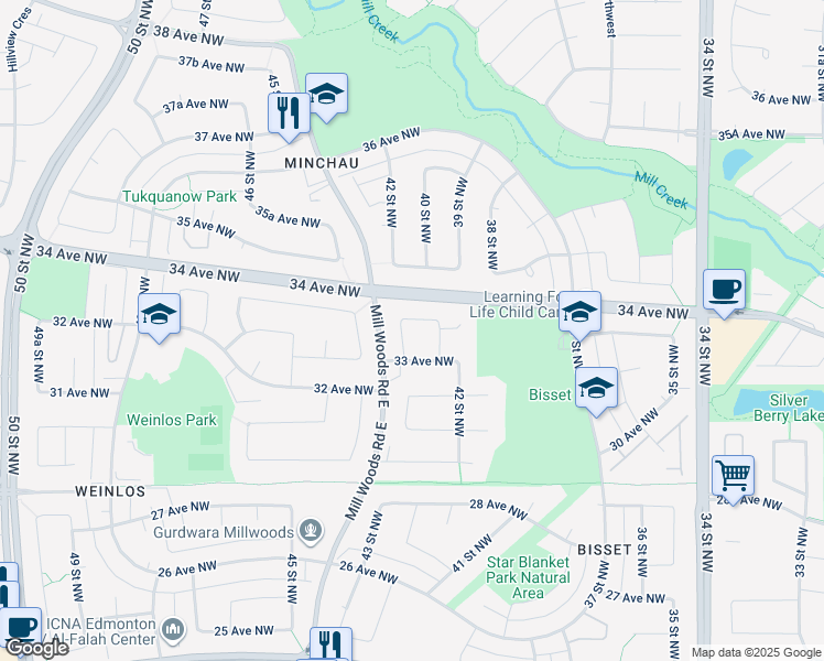 map of restaurants, bars, coffee shops, grocery stores, and more near 3314 42A Street Northwest in Edmonton