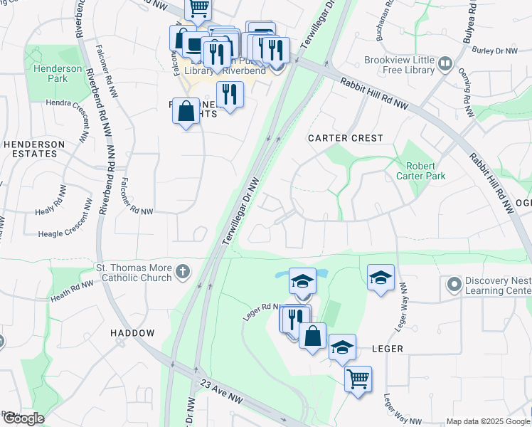 map of restaurants, bars, coffee shops, grocery stores, and more near 1295 Carter Crest Road Northwest in Edmonton
