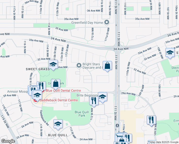map of restaurants, bars, coffee shops, grocery stores, and more near 112 St NW & 31 Ave NW in Edmonton