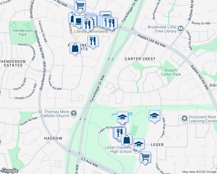 map of restaurants, bars, coffee shops, grocery stores, and more near 1283 Carter Crest Road Northwest in Edmonton