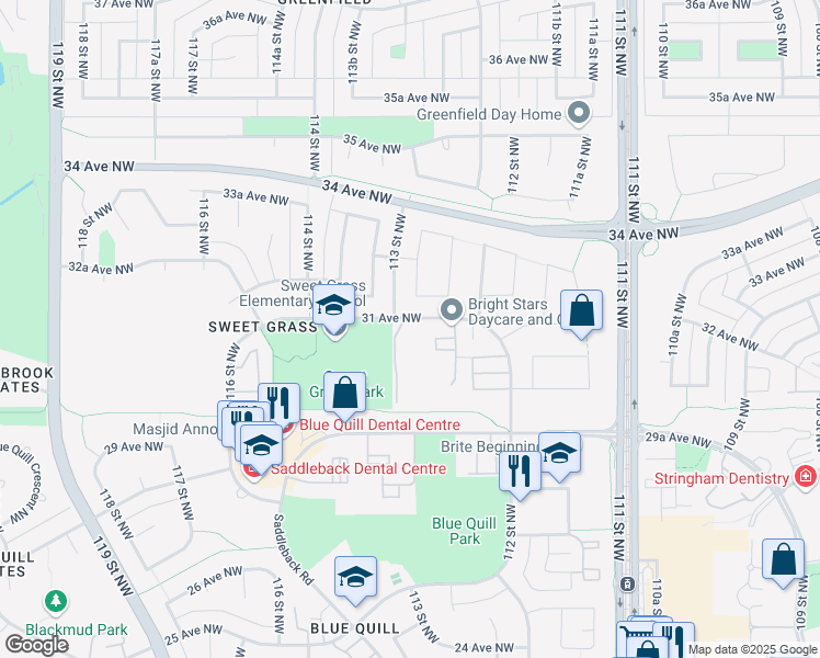 map of restaurants, bars, coffee shops, grocery stores, and more near 11255 31 Avenue Northwest in Edmonton