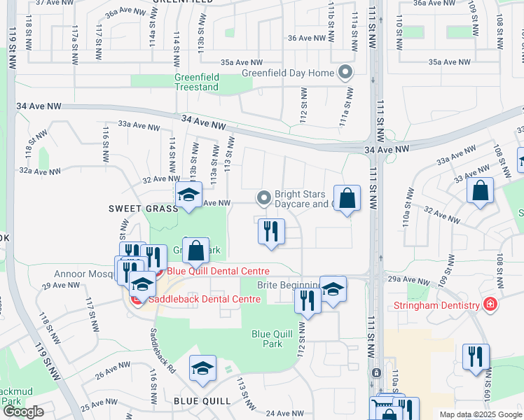 map of restaurants, bars, coffee shops, grocery stores, and more near 11235 31 Avenue Northwest in Edmonton