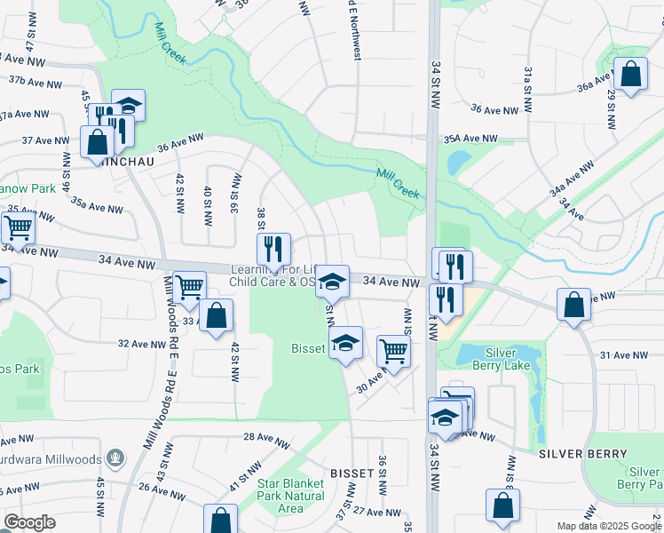 map of restaurants, bars, coffee shops, grocery stores, and more near 3632 34 Avenue Northwest in Edmonton
