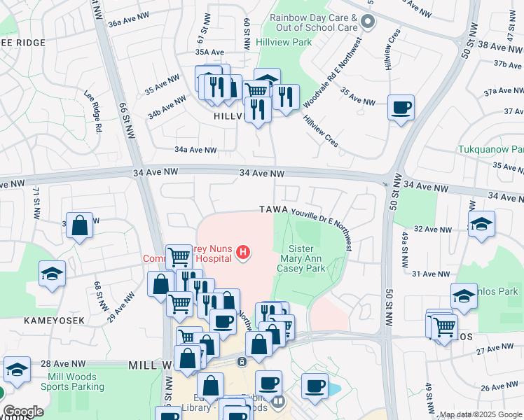 map of restaurants, bars, coffee shops, grocery stores, and more near 834 Youville Drive West Northwest in Edmonton