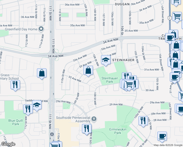 map of restaurants, bars, coffee shops, grocery stores, and more near 3251 108A Street Northwest in Edmonton
