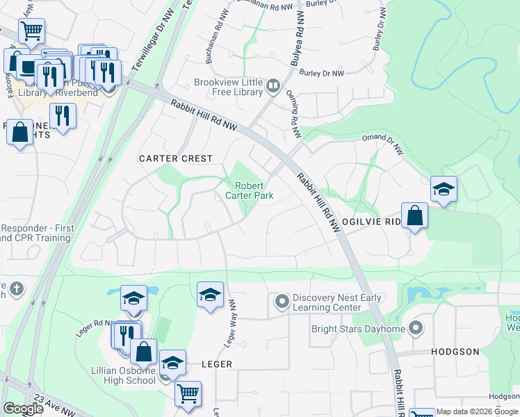 map of restaurants, bars, coffee shops, grocery stores, and more near 1029 Carter Crest Road Northwest in Edmonton