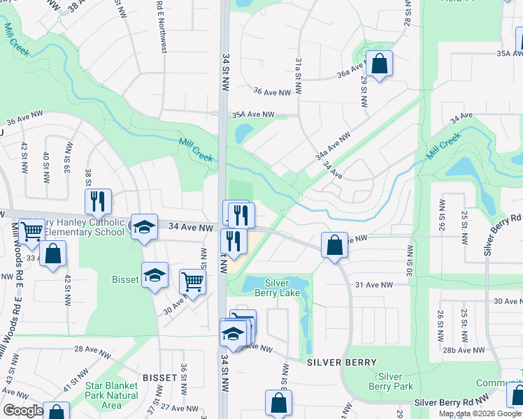 map of restaurants, bars, coffee shops, grocery stores, and more near 665 Silver Berry Road Northwest in Edmonton