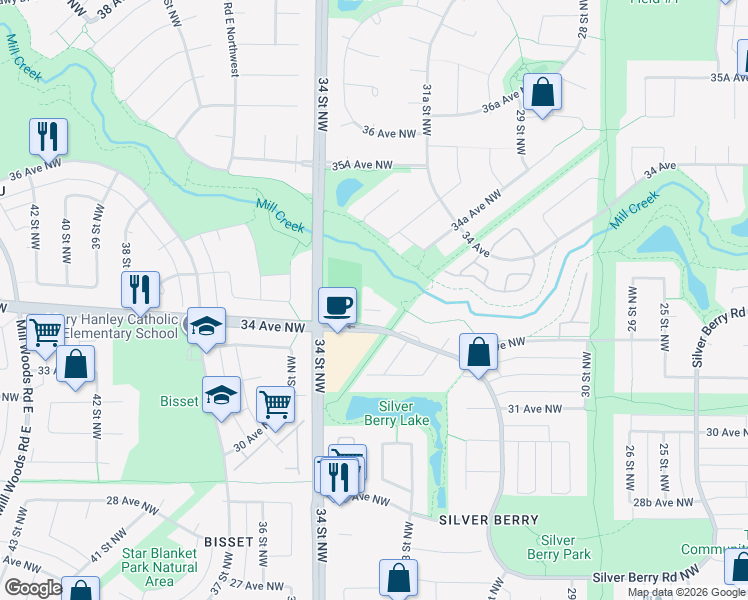 map of restaurants, bars, coffee shops, grocery stores, and more near 665 Silver Berry Road Northwest in Edmonton