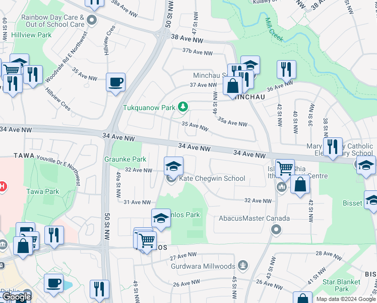 map of restaurants, bars, coffee shops, grocery stores, and more near 4724 33A Avenue Northwest in Edmonton