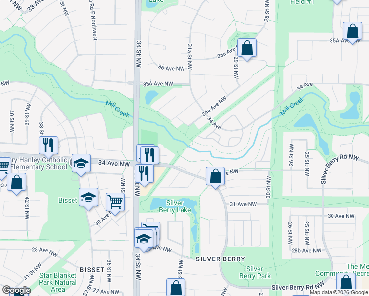 map of restaurants, bars, coffee shops, grocery stores, and more near 665 Silver Berry Road Northwest in Edmonton