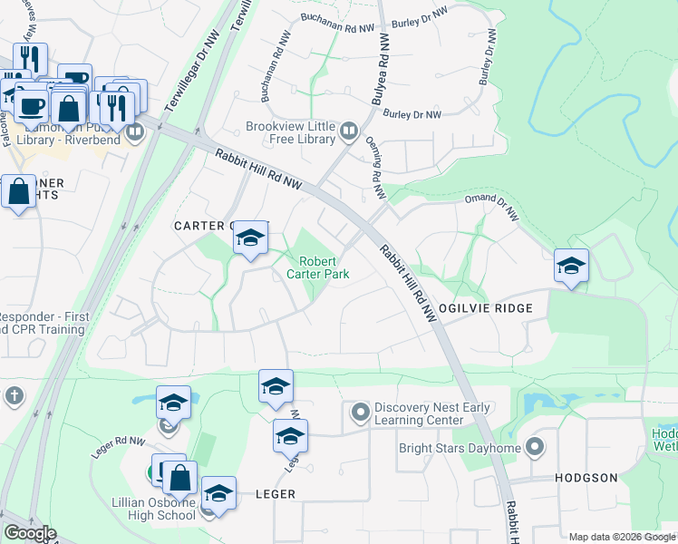 map of restaurants, bars, coffee shops, grocery stores, and more near 1029 Carter Crest Rd NW in Edmonton
