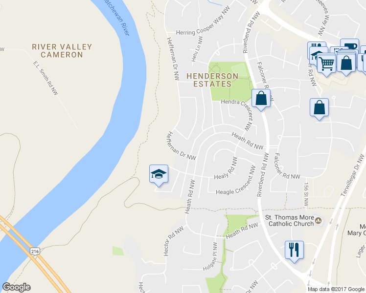 map of restaurants, bars, coffee shops, grocery stores, and more near 409 Heffernan Drive Northwest in Edmonton