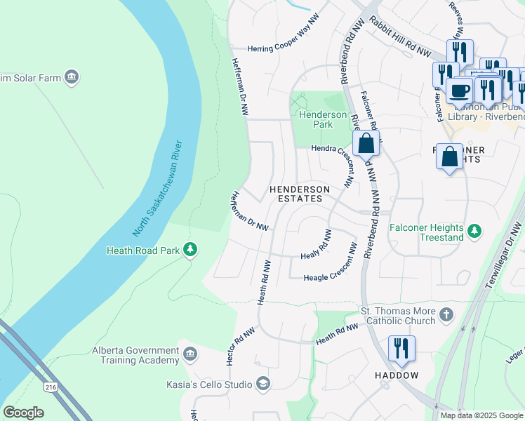 map of restaurants, bars, coffee shops, grocery stores, and more near 409 Heffernan Drive Northwest in Edmonton