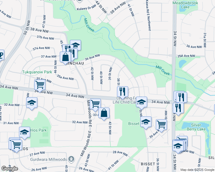 map of restaurants, bars, coffee shops, grocery stores, and more near 3432 39 Street Northwest in Edmonton