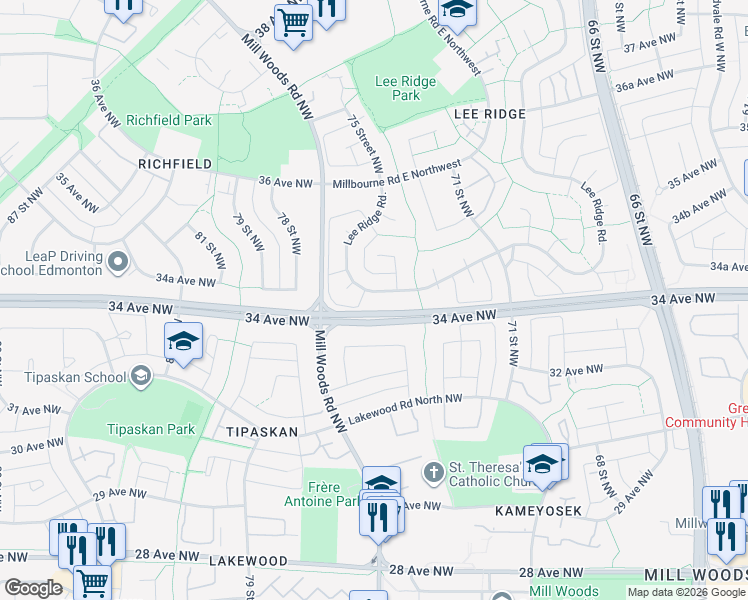 map of restaurants, bars, coffee shops, grocery stores, and more near 235 Lee Ridge Road in Edmonton