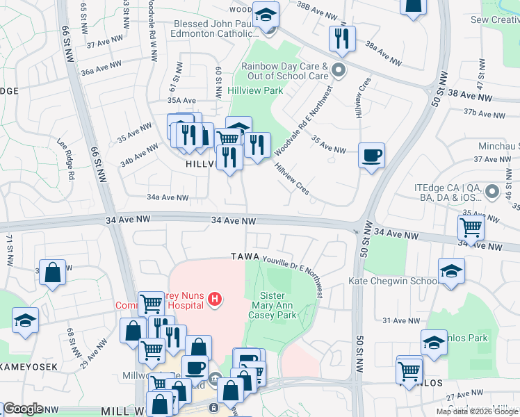 map of restaurants, bars, coffee shops, grocery stores, and more near 3405 58 Street Northwest in Edmonton