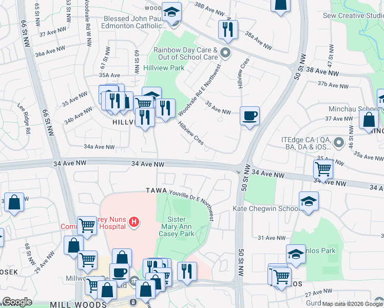 map of restaurants, bars, coffee shops, grocery stores, and more near 5445 Hillview Crescent in Edmonton