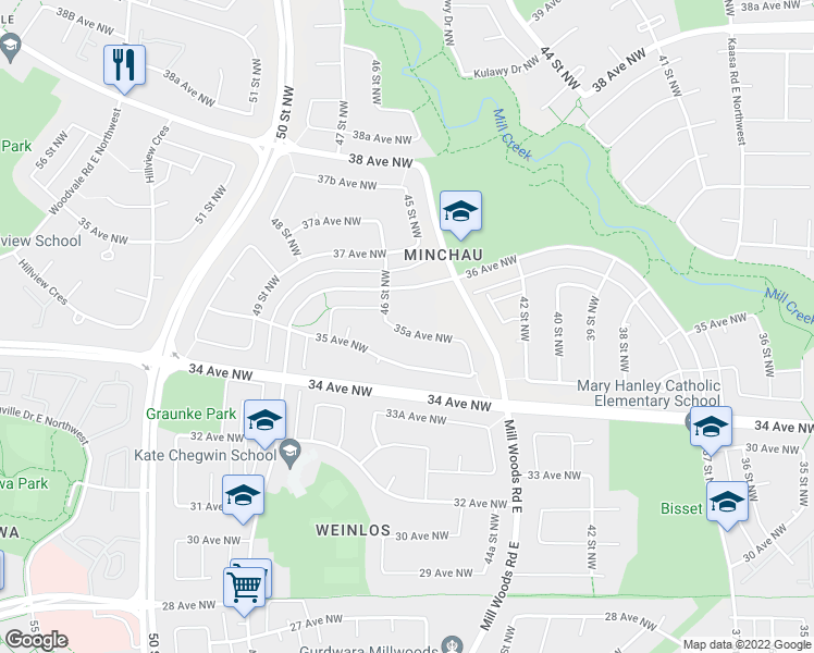 map of restaurants, bars, coffee shops, grocery stores, and more near 4538 35A Avenue Northwest in Edmonton