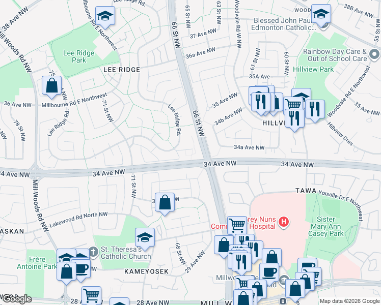 map of restaurants, bars, coffee shops, grocery stores, and more near 456 Lee Ridge Road in Edmonton