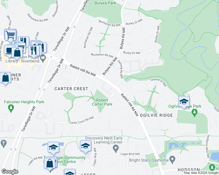 map of restaurants, bars, coffee shops, grocery stores, and more near 1018 Carter Crest Road Northwest in Edmonton