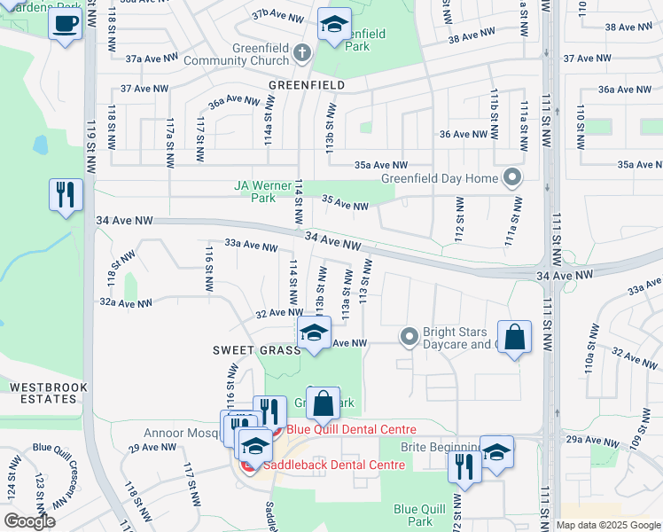 map of restaurants, bars, coffee shops, grocery stores, and more near 11329 33A Avenue Northwest in Edmonton