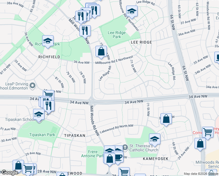 map of restaurants, bars, coffee shops, grocery stores, and more near 235 Lee Ridge Road in Edmonton