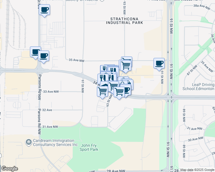 map of restaurants, bars, coffee shops, grocery stores, and more near 9312 34 Avenue Northwest in Edmonton