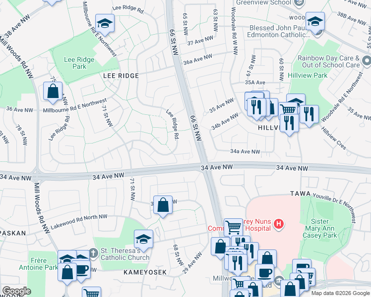 map of restaurants, bars, coffee shops, grocery stores, and more near 456 Lee Ridge Road in Edmonton