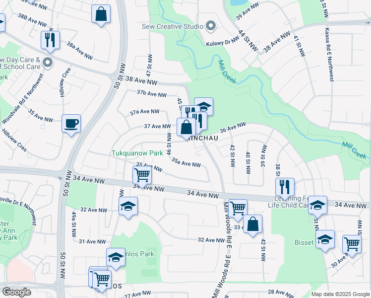 map of restaurants, bars, coffee shops, grocery stores, and more near 4538 35A Avenue Northwest in Edmonton