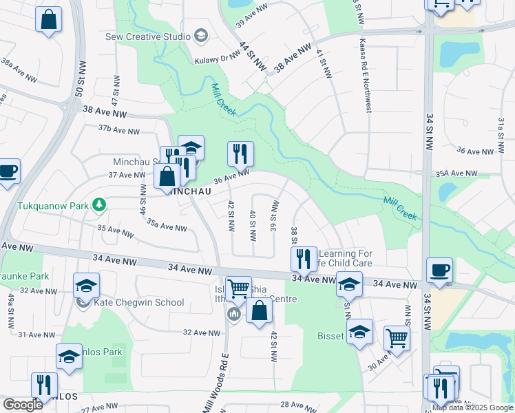 map of restaurants, bars, coffee shops, grocery stores, and more near 5417 40 Street Northwest in Edmonton