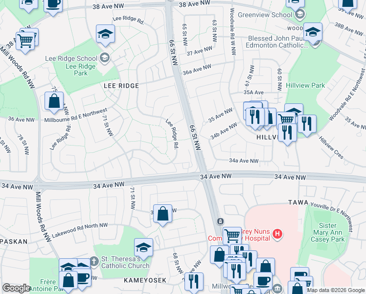 map of restaurants, bars, coffee shops, grocery stores, and more near 620 Lee Ridge Road in Edmonton