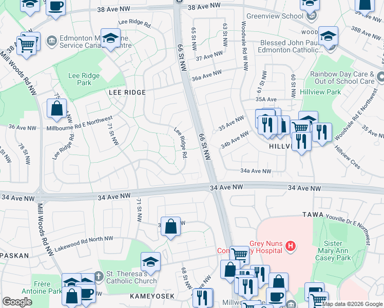 map of restaurants, bars, coffee shops, grocery stores, and more near 620 Lee Ridge Road in Edmonton