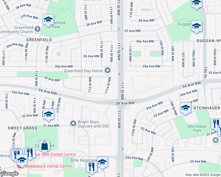 map of restaurants, bars, coffee shops, grocery stores, and more near 3434 111A Street Northwest in Edmonton