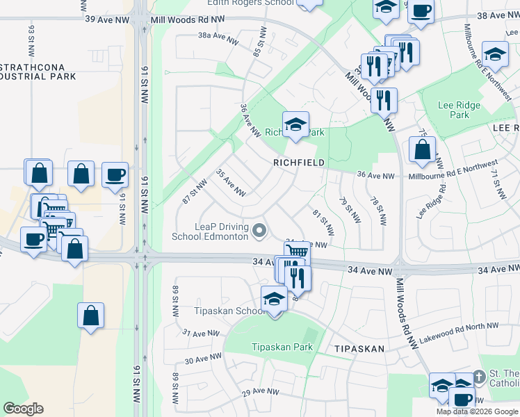 map of restaurants, bars, coffee shops, grocery stores, and more near 383 Richfield Road Northwest in Edmonton