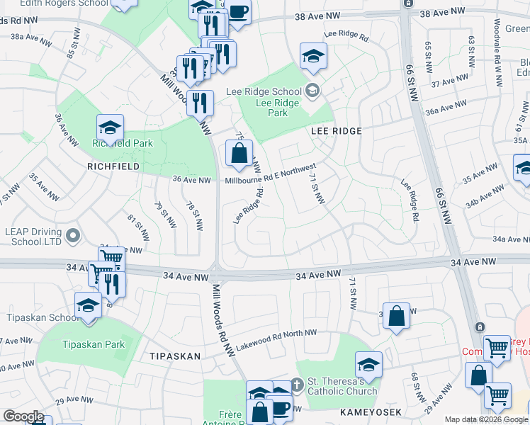 map of restaurants, bars, coffee shops, grocery stores, and more near 163 Lee Ridge Road in Edmonton