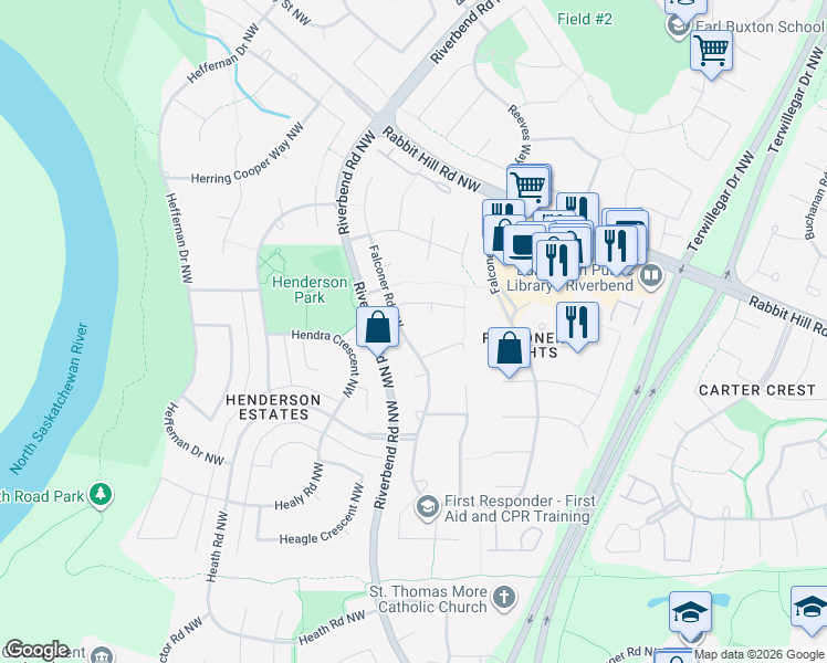 map of restaurants, bars, coffee shops, grocery stores, and more near 615 Forest Lane Northwest in Edmonton