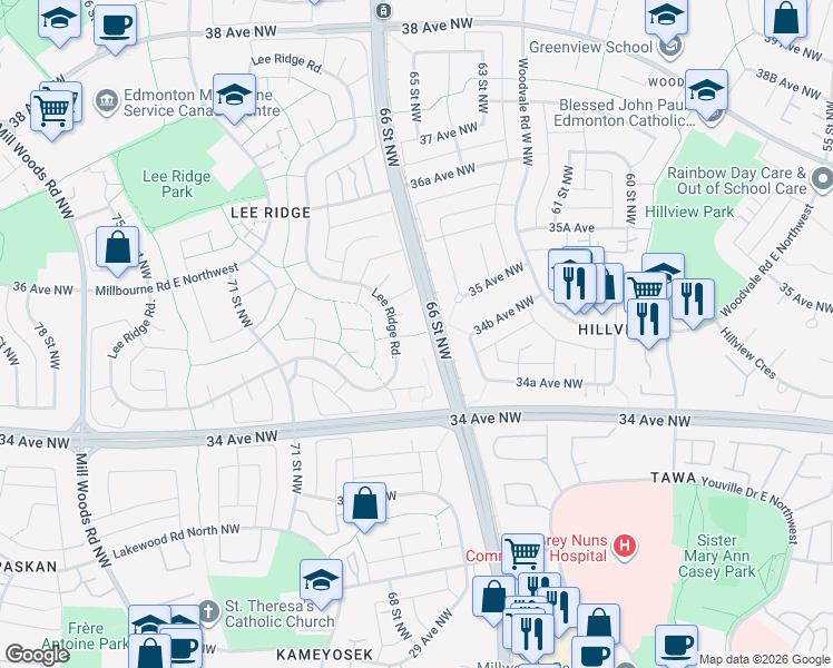 map of restaurants, bars, coffee shops, grocery stores, and more near 620 Lee Ridge Road in Edmonton