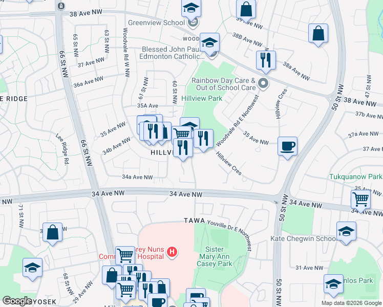 map of restaurants, bars, coffee shops, grocery stores, and more near 306 Woodvale Road East Northwest in Edmonton