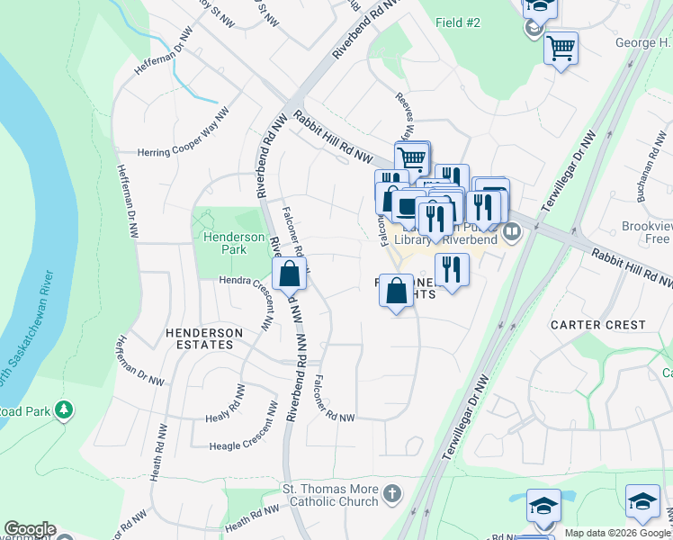 map of restaurants, bars, coffee shops, grocery stores, and more near 615 Forest Lane Northwest in Edmonton
