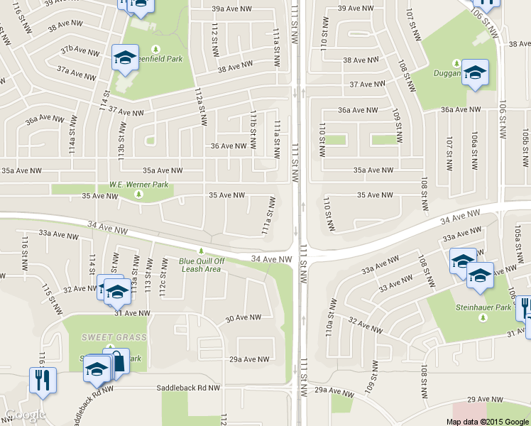 map of restaurants, bars, coffee shops, grocery stores, and more near 3434 111A Street Northwest in Edmonton