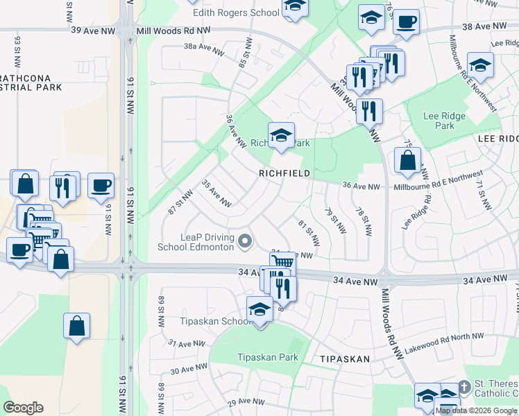 map of restaurants, bars, coffee shops, grocery stores, and more near 383 Richfield Road Northwest in Edmonton