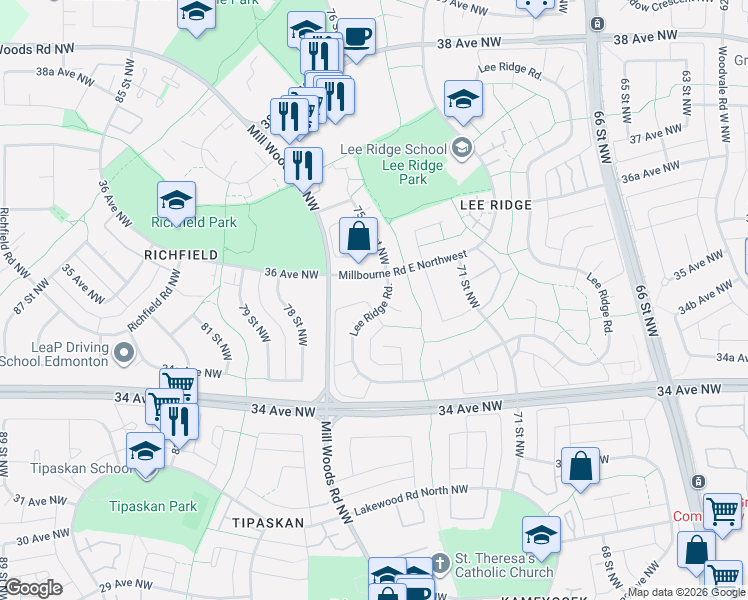map of restaurants, bars, coffee shops, grocery stores, and more near 163 Lee Ridge Road in Edmonton